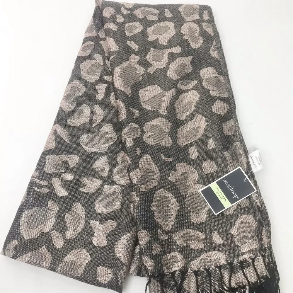 West Loop Black Taupe Metallic Leopard Print Jacquard Fringe Scarf NEW